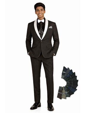 Men’s Slim-Fit Stretch Tuxedo—Bow Tie, Built‑In Pocket Square & Socks–Black